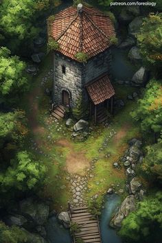 an aerial view of a small house in the middle of some trees and rocks with stairs leading up to it