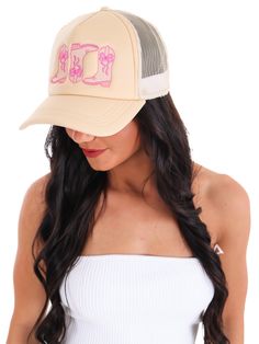 Yeehaw meets style in our Boot Bow Cowgirl Trucker Hat! This quirky hat features cowboy boots with bows that will make any cowgirl stand out. Perfect for a playful and fashionable look. Giddy up and grab one today! Summer Country Trucker Hat With Curved Brim, Summer Country Style Trucker Hat With Curved Brim, Country Style Summer Trucker Hat With Curved Brim, Country Style Curved Brim Trucker Hat For Summer, Adjustable Beige Trucker Hat For Spring, Trendy Cream Trucker Hat, Spring Trucker Hat For Country Events, Beige Trucker Hat For Spring Beach Outings, Casual Trucker Hat For Country Events In Spring