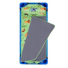 a green and blue sleeping bag with animals on it