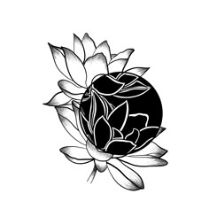 a black and white drawing of a flower with leaves on the petals, as well as an oval shape