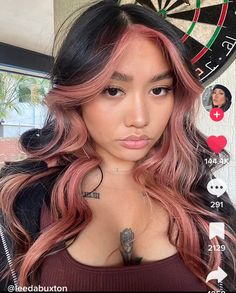 Colored Highlights With Brown Hair, Peekaboo Hair Color With Black Hair, Dark Hair With Vibrant Color, Red Hair Pink Peekaboo, Peek A Boo Highlights Curly Hair, Black Hair Pink Peekaboo, Accent Hair Color Placement, Blonde Highlights With Pink Peekaboo, Dark Brown Hair With Light Pink Highlights