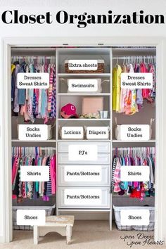 an organized closet with clothes, shoes and other items labeled in the words closet organization