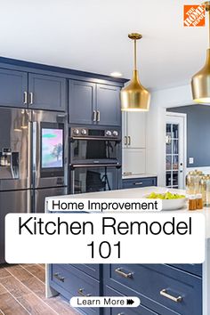 the kitchen remodel 101 is shown with blue cabinets and gold pendant lights over the island