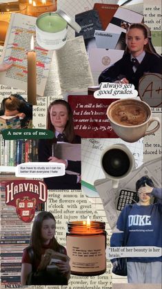 the collage has many different pictures and words on it, including books, coffee cups,