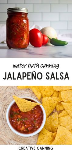 the ingredients for water bath canning jalapeno salsa are shown in this collage