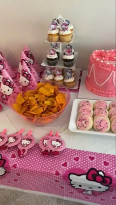 a hello kitty themed birthday party with cupcakes, cookies and desserts on the table