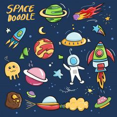 cartoon space doodle with rockets, planets and stars