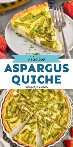 asparagus quiche on a plate with a fork and strawberries in the background