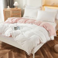 PRICES MAY VARY. QUEEN COMFORTER SET - Pink comforter queen sets include 1 comforter 90"x90" and 2 pillowcases 20"x30".Light pink and white color reversible design,you can switch up the look to suit your decor and mood. Get extra pillowcases,search B0B2HXHQSH. EXPERT CRAFTSMANSHIP & EASY MATCH - Pompoms fringe make this comforter sets elegant and decorative,match a variety of decoration styles,make your room vibrant and fun,perfect gifts for all your loves.The cute pom poms are firmly sewed on t