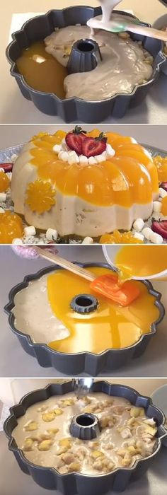 three different pictures of cake in pans with fruit on top and bottom, one being frosted