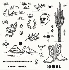 hand drawn doodles with different items and symbols on them, including cactus, cowboy boots