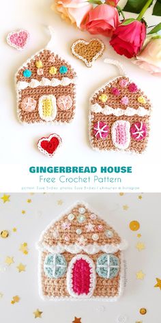 gingerbread house crochet pattern is shown with flowers in the background