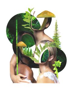 two people are surrounded by trees and plants in the shape of a human head with their hands on each other's shoulders