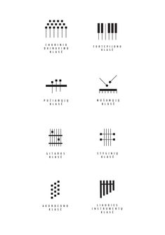 the different types of musical instruments are shown in black and white, as well as numbers