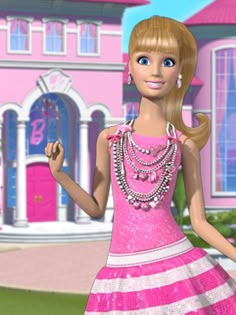 a barbie doll is standing in front of a pink house wearing a dress and necklace