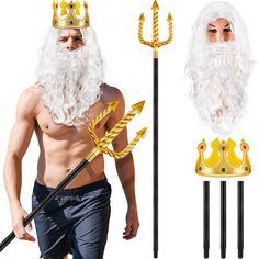 PRICES MAY VARY. Package Includes: you will receive a white wig, a white beard, a crown and a trident prop, a total of 4 pieces, carefully matched styles and complete combinations to meet your Halloween dress needs, the merman costume for men will help you shine on Halloween Leave Nice Memories: this set of wig and beard, gold trident and crown is suitable for a variety of occasions, such as Halloween parties, role playing parties, Christmas family parties, stage shows, performances, costume par King Neptune Costume, Neptune Costume, King Triton Costume, Poseidon Costume, Merman Costume, Beard Wig, King Neptune, Mermaid Pants, Ursula Costume