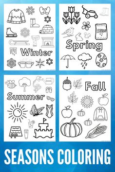 four seasons coloring pages with the words winter, fall and autumn in black and white