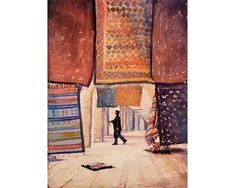 a painting of a person walking through an open area with many rugs hanging from the ceiling