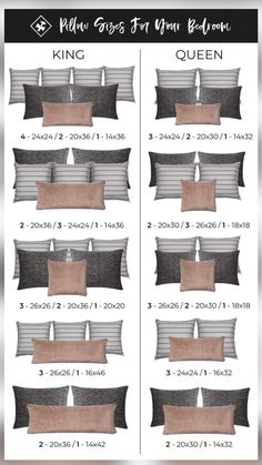 the sizes of pillows in different colors