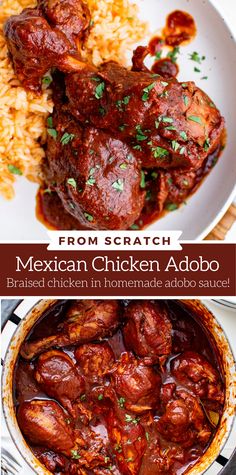 mexican chicken adobo with rice and cilantro on the side