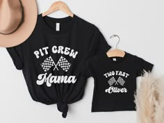 two shirts that say pitt creek and mama on them with a hat next to it