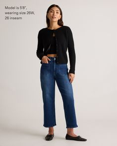 Meet the High Rise Patch Pocket Wide Leg Jeans, our ‘70s-inspired style with an added stretch that fits just right. The curve-hugging high-rise cut, cropped wide leg, and patch pocket detail make these a versatile pair for dressing up or down. Crafted from premium super-stretch denim with organic cotton, it has the flexible fit and impossibly soft feel you’ll always reach for.  | Quince | Women's Stretch High Rise Patch Pocket Wide Leg Jeans in Midnight Blue, Size 26, Organic Cotton Cropped Wide Leg Jeans, 70s Inspired, Pocket Detail, Wide Leg Jeans, Midnight Blue, Modern Woman, Stretch Denim, Dressing Up, Patch Pocket