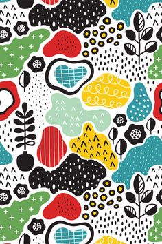 an abstract pattern with trees, plants and dots in black, yellow, green, red, blue, and white