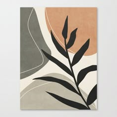 an abstract painting with black and orange leaves on the bottom half of it, against a white background