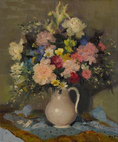 a painting of flowers in a vase on a table