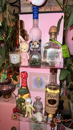 a shelf filled with lots of bottles and decorations