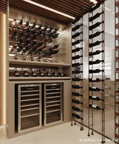 there is a wine cellar with many bottles in it