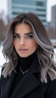 New Trending Hair Colors, Dark To Gray Hair Transition, Cold Winter Hair Color, Blonde Hair Colors For Winter, Winter Hair Color Blue Eyes, Winter Long Hair Color, Platinum Brunette Hair, Hair Colors For Brunettes Fall, Gorgeous Hair Color Highlights