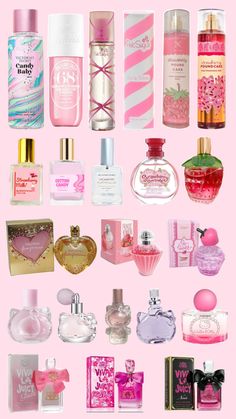 hello kitty, b&bw, and juicy couture perfumes Pink Candy Perfume, Cute Perfume Bottles Aesthetic, Strawberry Milk Perfume, How To Smell Like Cotton Candy, Cotton Candy Perfume, Pink Perfumes, Best Cheap Perfume, Scent Layering, Cotton Candy Scent