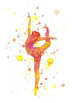 a watercolor painting of a woman doing yoga in front of yellow and pink spots