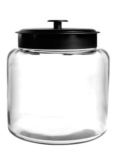 an empty glass jar with a black lid