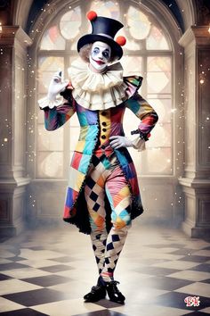 a man dressed as a clown standing on a checkered floor in front of a window