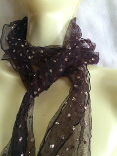 "Very dark brown, long skinny fine net scarf with silver glitter spots spread throughout, each bout .175\" in diameter. Very festive! Measures 64\" long by 6\" wide. 056.5... Please take a look at my storefront at: https://www.etsy.com/shop/FabFinds42?ref=seller-platform-mcnav I have a wide selection of one-of-a-kind items, from clothing and toys to home decor and gift items, and I add new things almost every day." Formal Scarf, Sparkly Scarf, Evening Scarf, Brown Scarf, Brown Scarves, Beaded Belt, Gift Items, New Things, Silver Glitter