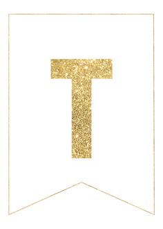 the letter t is made up of gold glitter and has a white frame around it