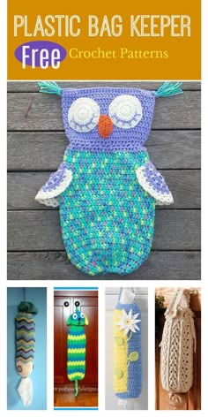 crochet bag pattern with the words plastic bag keeper on it and pictures of an owl