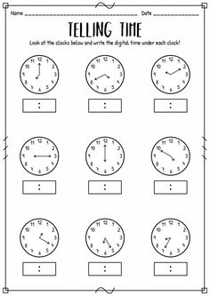 telling time worksheet for students to learn the time in different clocks and numbers