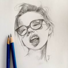 a pencil drawing of a woman's face with glasses