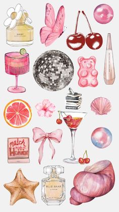 watercolor painting of different types of items on a white background with pink and orange accents