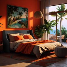 a bedroom with an orange wall and palm trees in the window, along with a view of the ocean