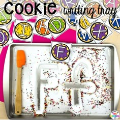 Cookie sensory writing tray plus more baking activities and centers designed for preschool, pre-k, and kindergarten. These are perfect for a holiday, bakery, or sweet treat theme. Bakery Shop Preschool Theme, Bread Lesson Preschool, Food Literacy Activities For Preschool, Creative Curriculum Bread Study Preschoolers, Baking Activities For Preschool, Cookie Sensory Bin, Cooking Preschool, Sensory Writing, Baking Activities