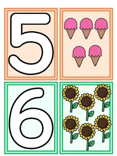 the number six is shown with sunflowers and ice cream on it's sides