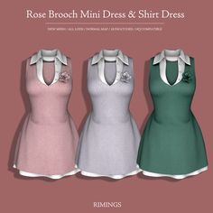 three dresses with bows on the neckline and collars, all in different colors