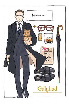 a drawing of a man in a suit and tie holding a small dog while standing next to an umbrella