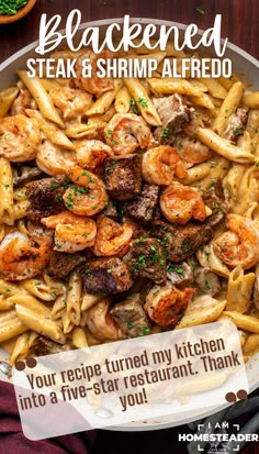 a beige pan is full of steak and shrimp on top of noodles with alfredo sauce. Steak And Shrimp Alfredo, Blackened Steak, Seasoned Shrimp, Steak Dinner Recipes, Steak Shrimp, Creamy Alfredo Sauce, Canned Seafood, Top Sirloin, Steak And Shrimp