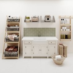 a white bathroom with shelves, sink and toiletries on the shelf above it is a green tiled wall