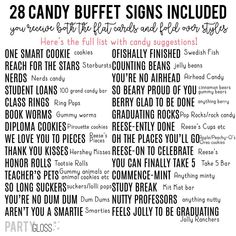 a poster with the words candy buffet signs included in black and white text on it